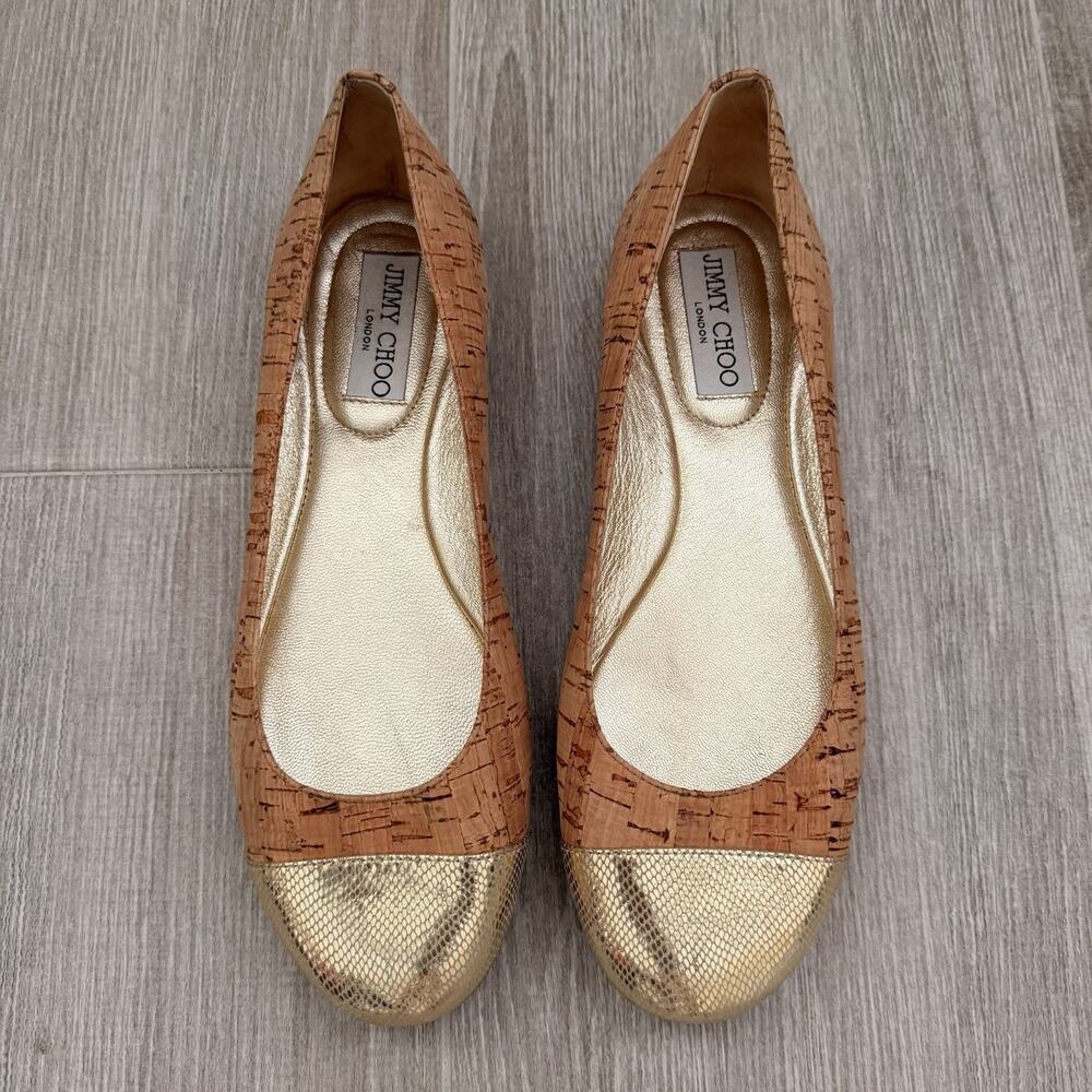 Jimmy Choo Whirl Cork & Gold Metallic Upper Ballet Flat EU 37 1/2 US 7.5 Classy